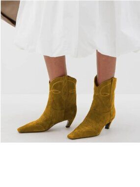 FSJ Goldenrod Suede Square Toe Comfort Kitten Low Heel Ankle Boot Pull On Bootie
